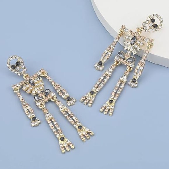 Gold Peach Skeleton Rhinestone Earrings Halloween Party CZ Dangle Skeletons New - Picture 4 of 6